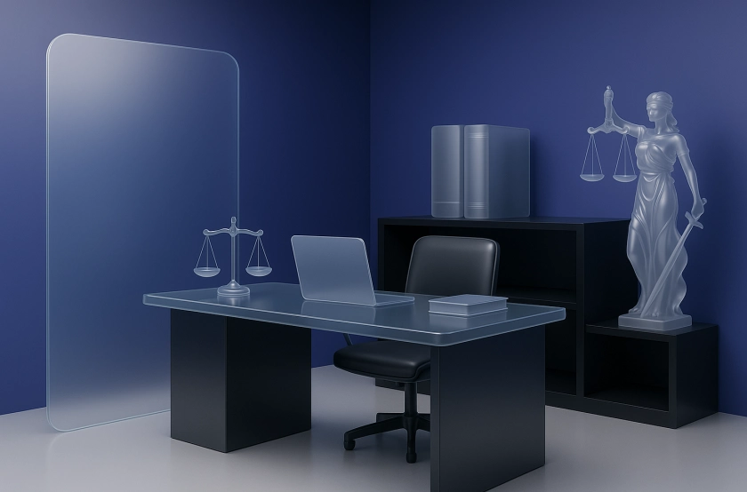 Modern law office interior, glass walls, professional setting